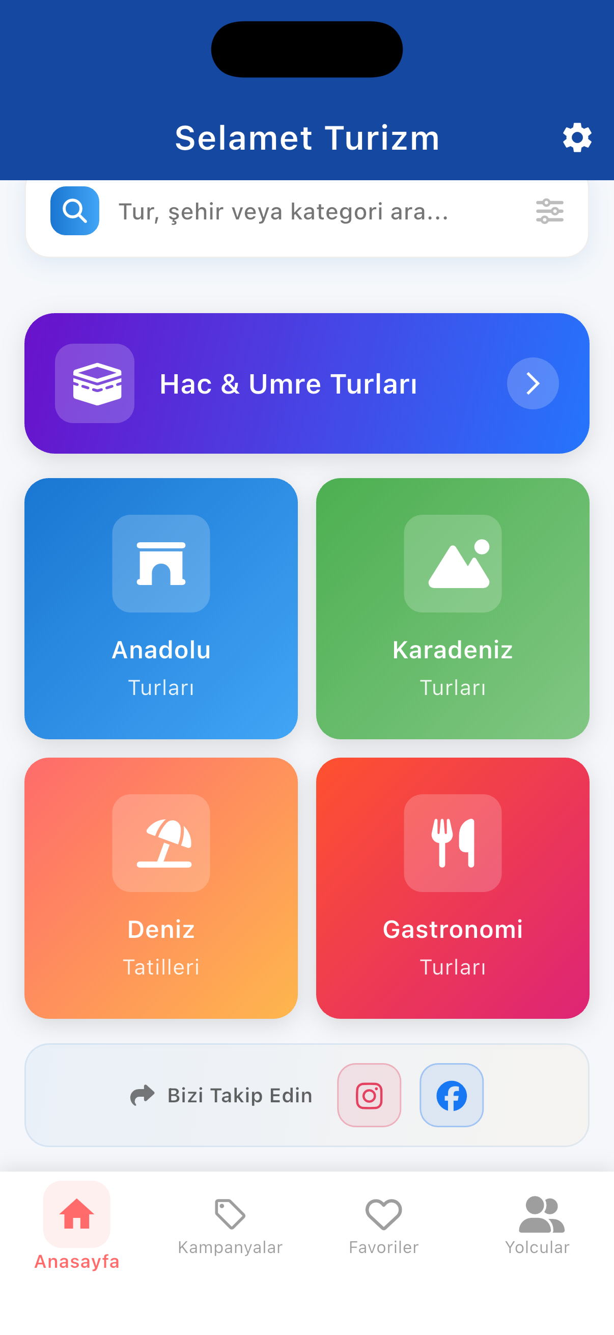 Selamet Turizm mobil uygulaması ana sayfa ekranı